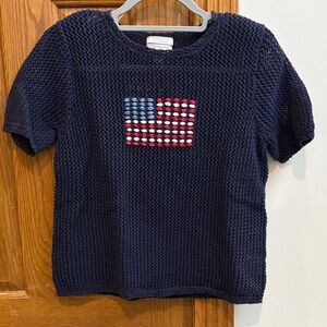 Christopher & Banks Open Knit Navy Blue Americana Short Sleeve Sweater, Small